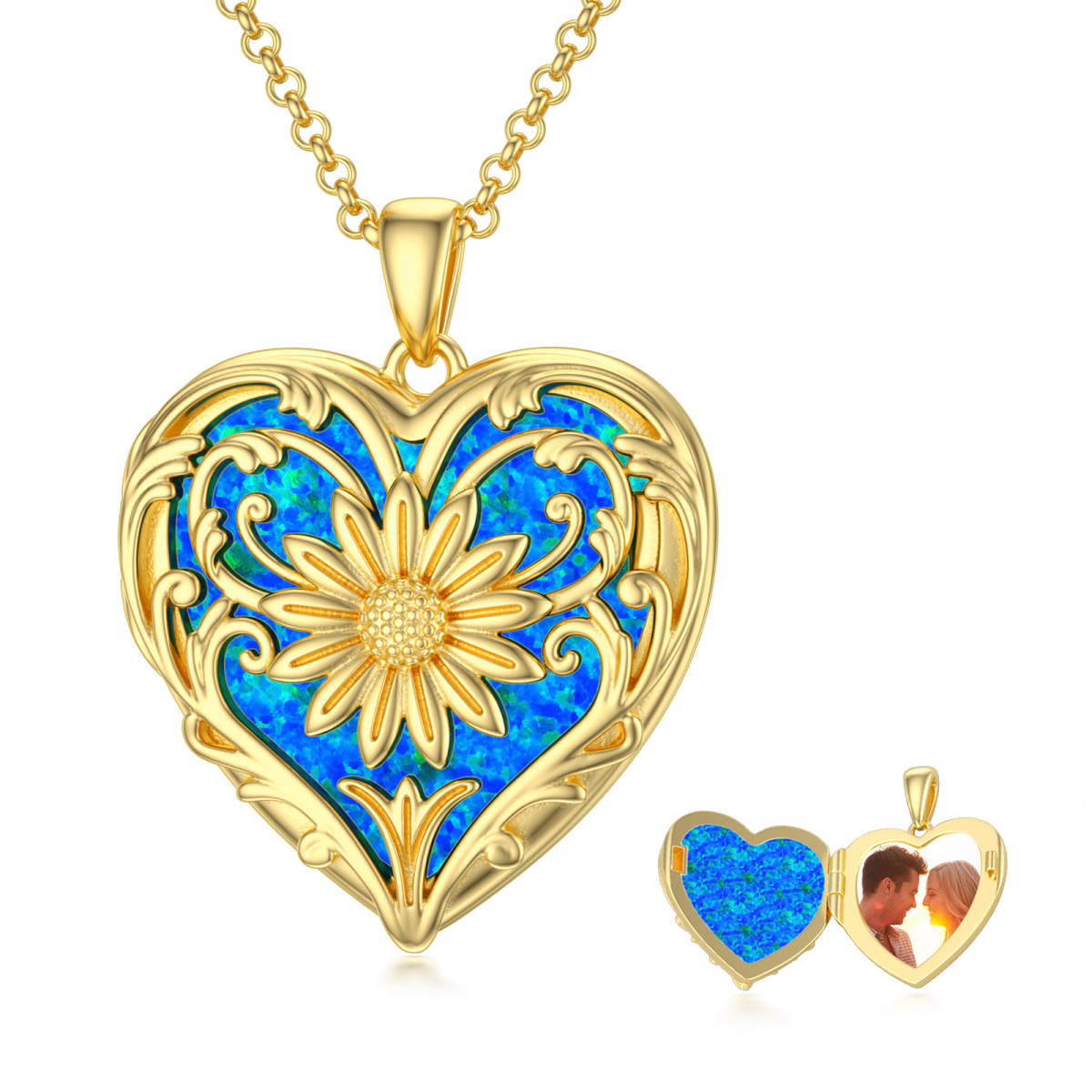 14K Gold Sonnenblume Herz Opal personalisierte Foto Medaillon Halskette-1