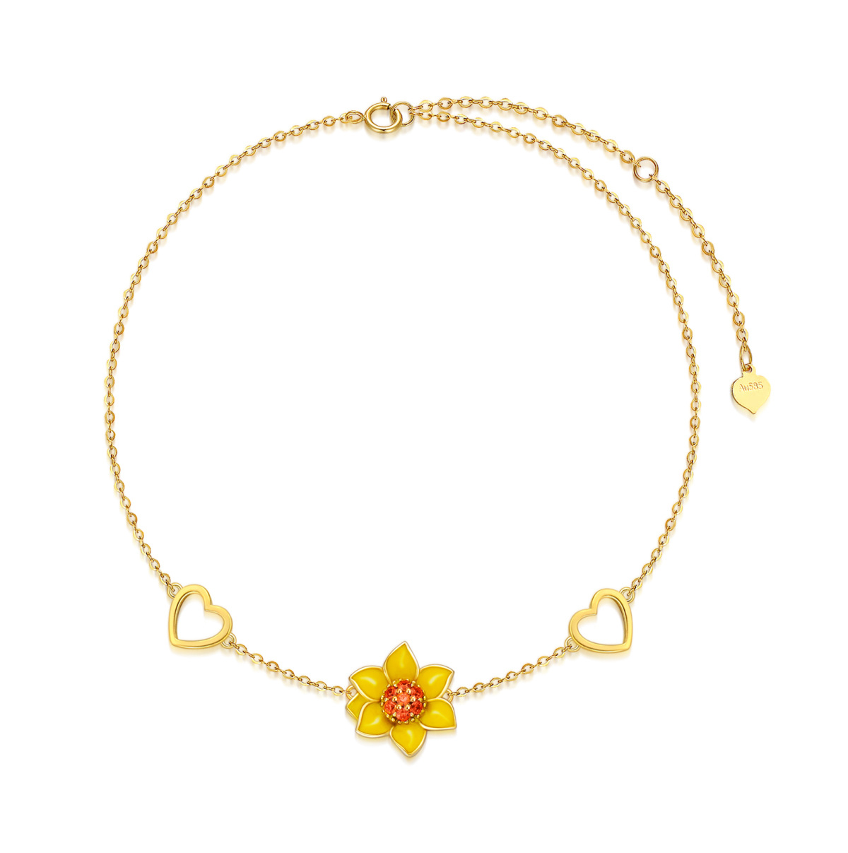 Pulsera de oro de 14 quilates con colgante de corazón y girasol de circonita cúbica-1