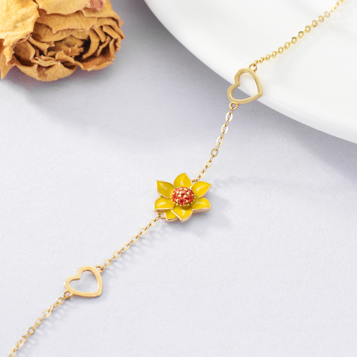 14K Gold Cubic Zirkonia Sonnenblume & Herz-Anhänger-Armband-3