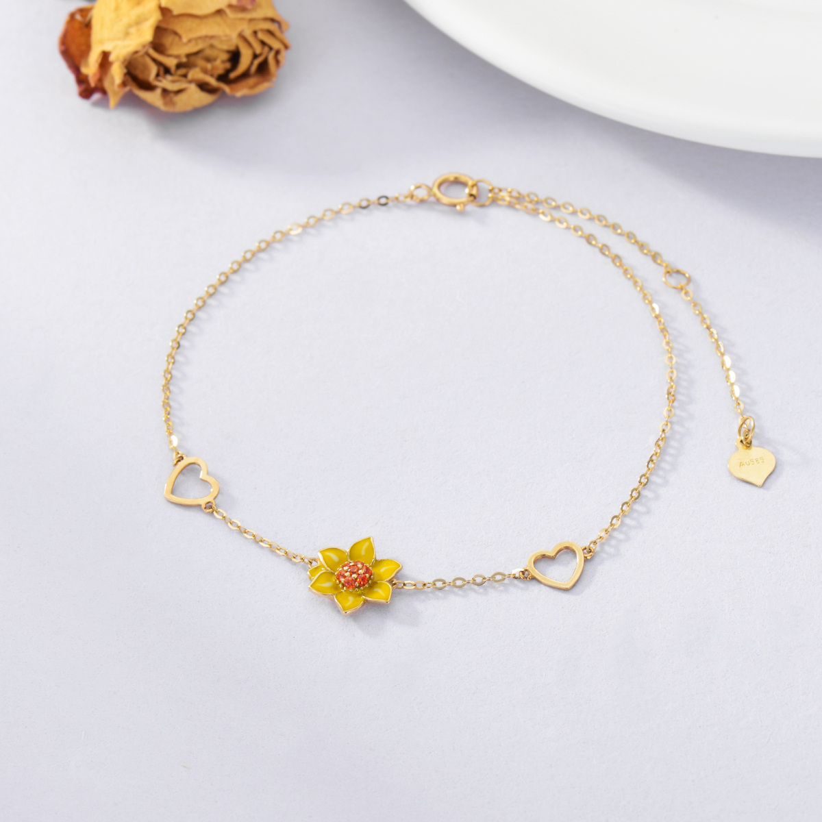 14K Gold Cubic Zirkonia Sonnenblume & Herz-Anhänger-Armband-4