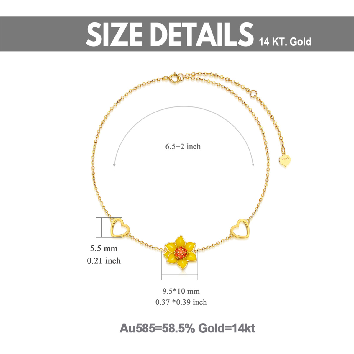 10K Gold Cubic Zirconia Sunflower & Heart Charm Bracelet-5