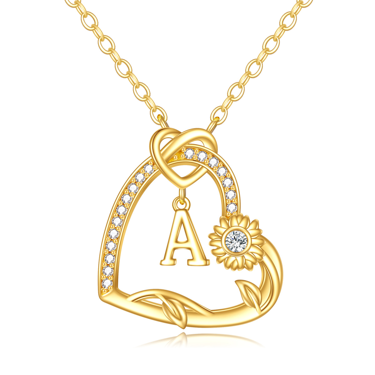 Collar con colgante de corazón de girasol con circonita cúbica de oro de 14 quilates con letra inicial A para mujer-1