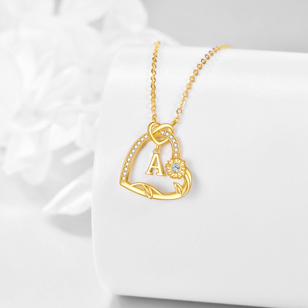 10K Gold Cubic Zirconia Sunflower Heart With Heart Pendant Necklace With Initial Letter A For Women-3