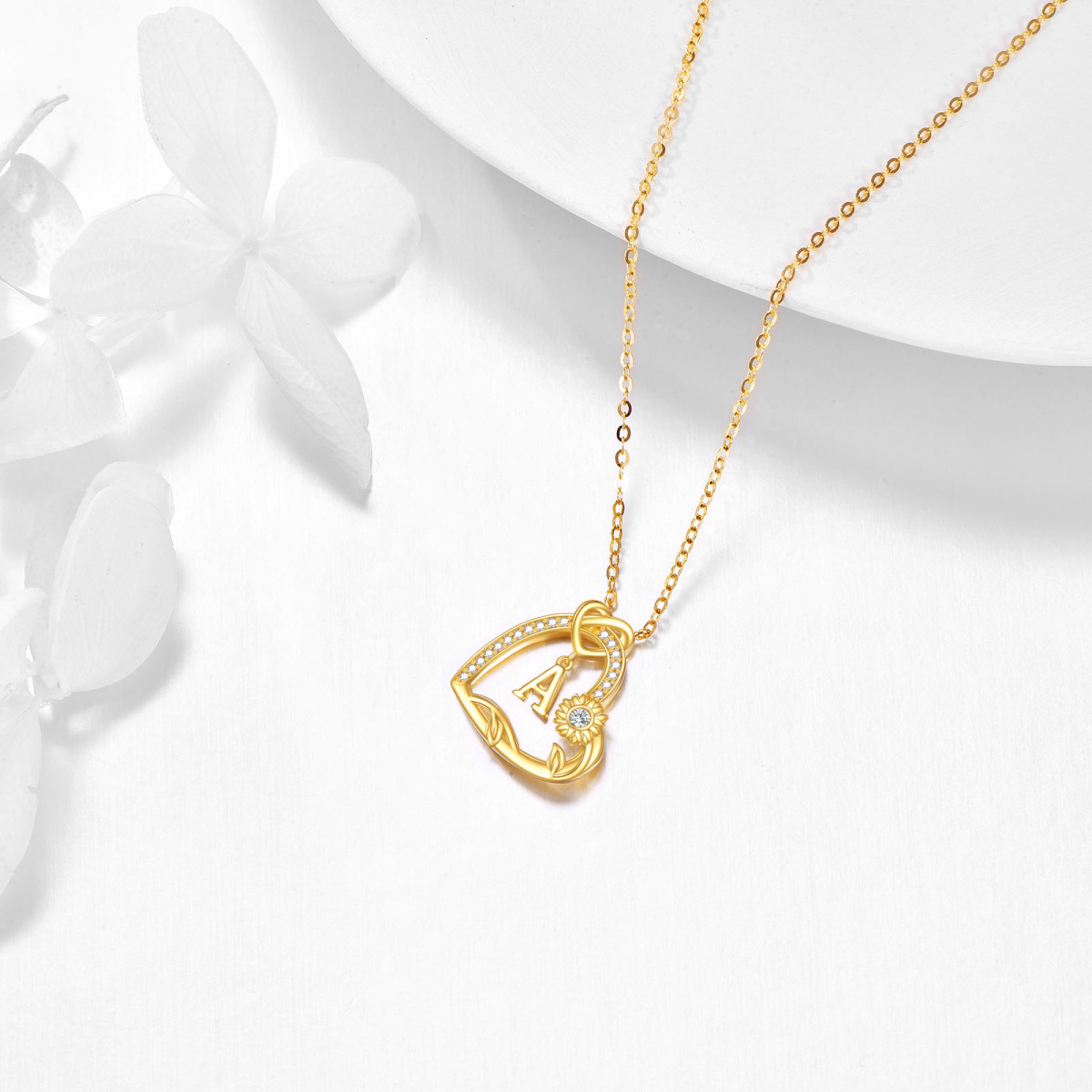 14K Gold Cubic Zirconia Sunflower Heart With Heart Pendant Necklace With Initial Letter A For Women-4