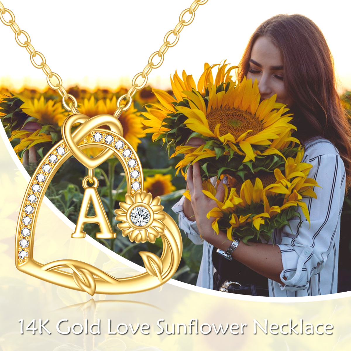 Collar con colgante de corazón de girasol con circonita cúbica de oro de 14 quilates con letra inicial A para mujer-5