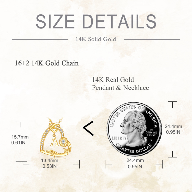 Colar em ouro branco 10K com zircónias cúbicas, girassol e coração, com pendente em forma de coração e inicial A.-6