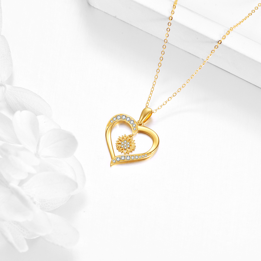 10K Gold Cubic Zirconia Sunflower & Heart Pendant Necklace-4