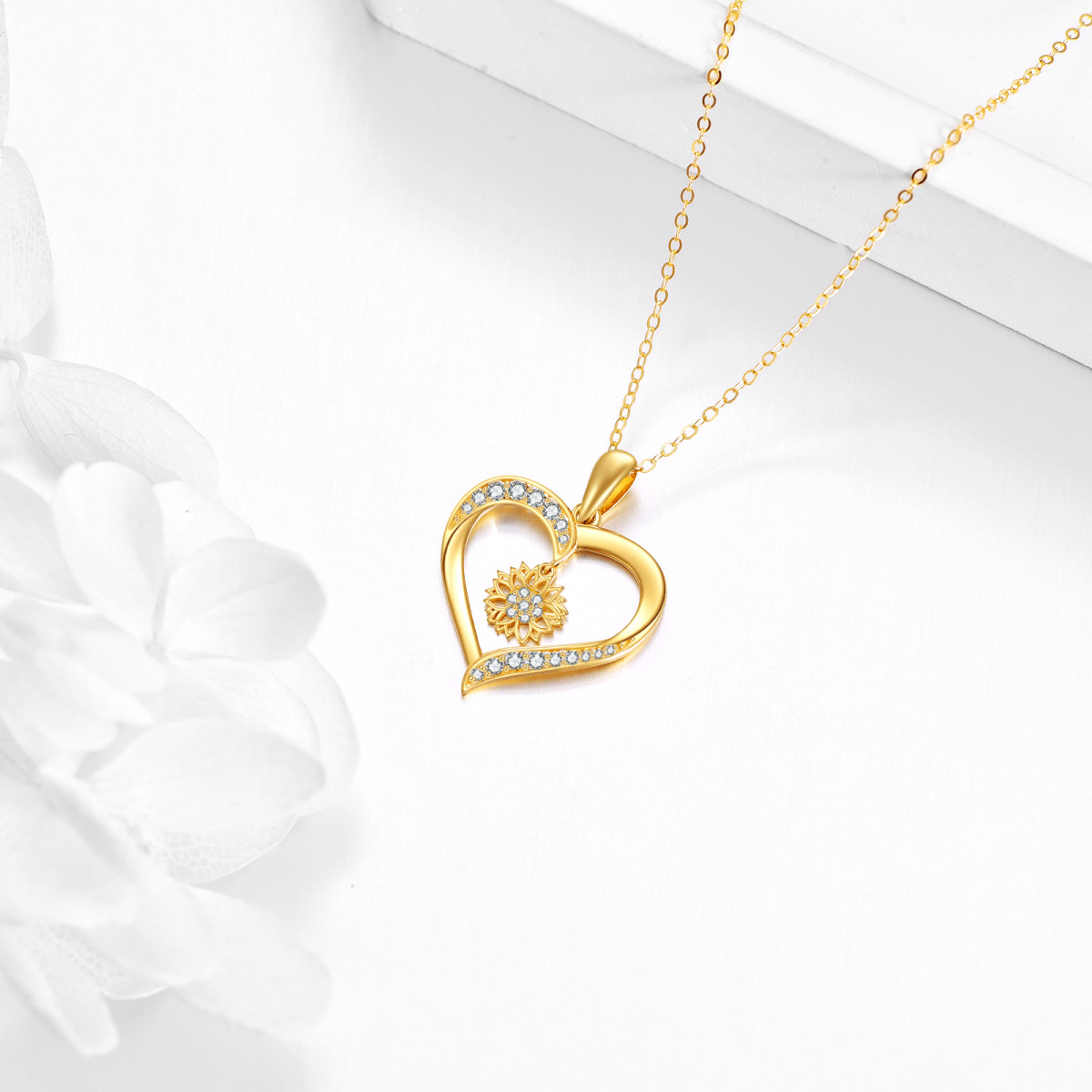 14K Gold Cubic Zirconia Sunflower & Heart Pendant Necklace-4