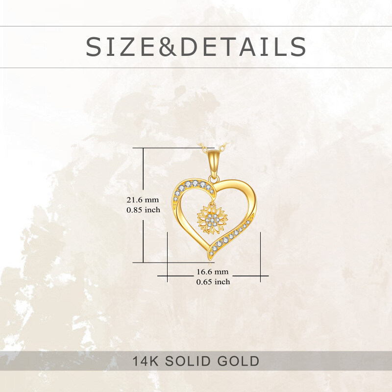 Collar con colgante de girasol y corazón de circonita cúbica en oro de 10 quilates-5