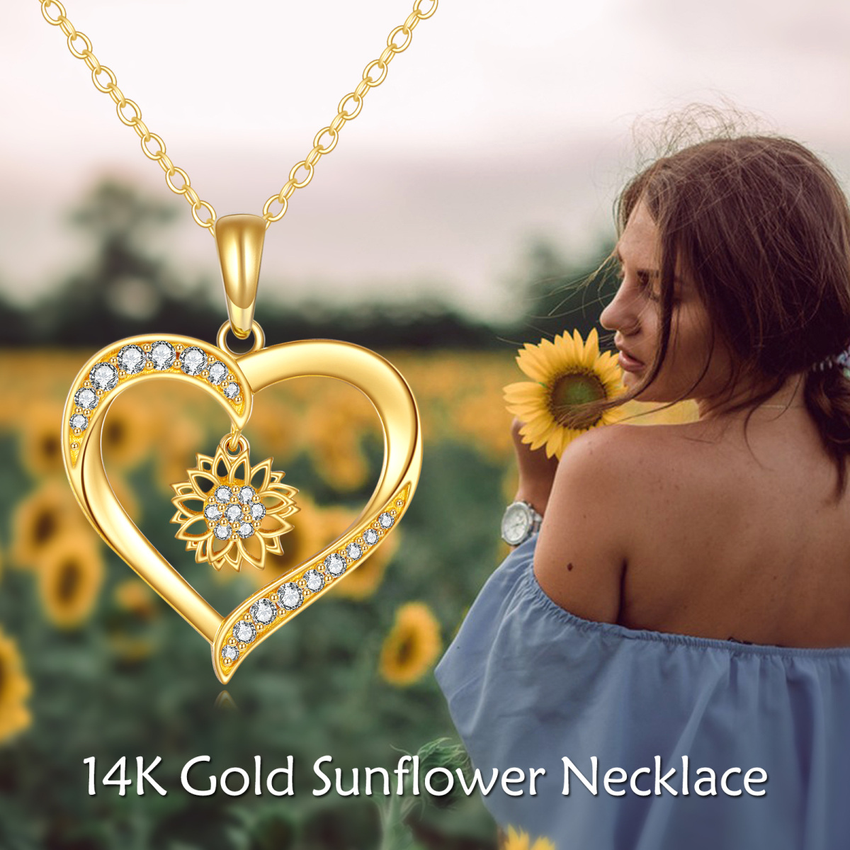14K Gold Cubic Zirconia Sunflower & Heart Pendant Necklace-6