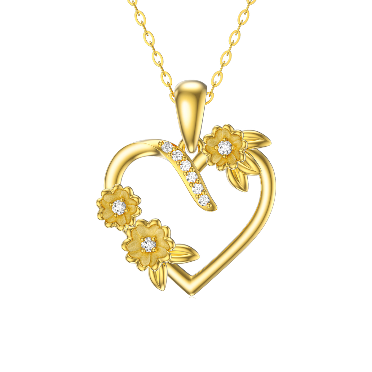 14K Gold Cubic Zirconia Sunflower & Heart Pendant Necklace-1