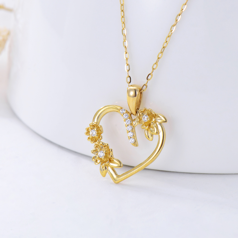 14K Gold Cubic Zirconia Sunflower & Heart Pendant Necklace-3