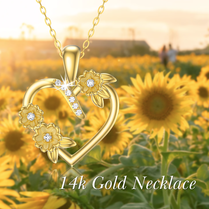 14K Gold Cubic Zirconia Sunflower & Heart Pendant Necklace-5