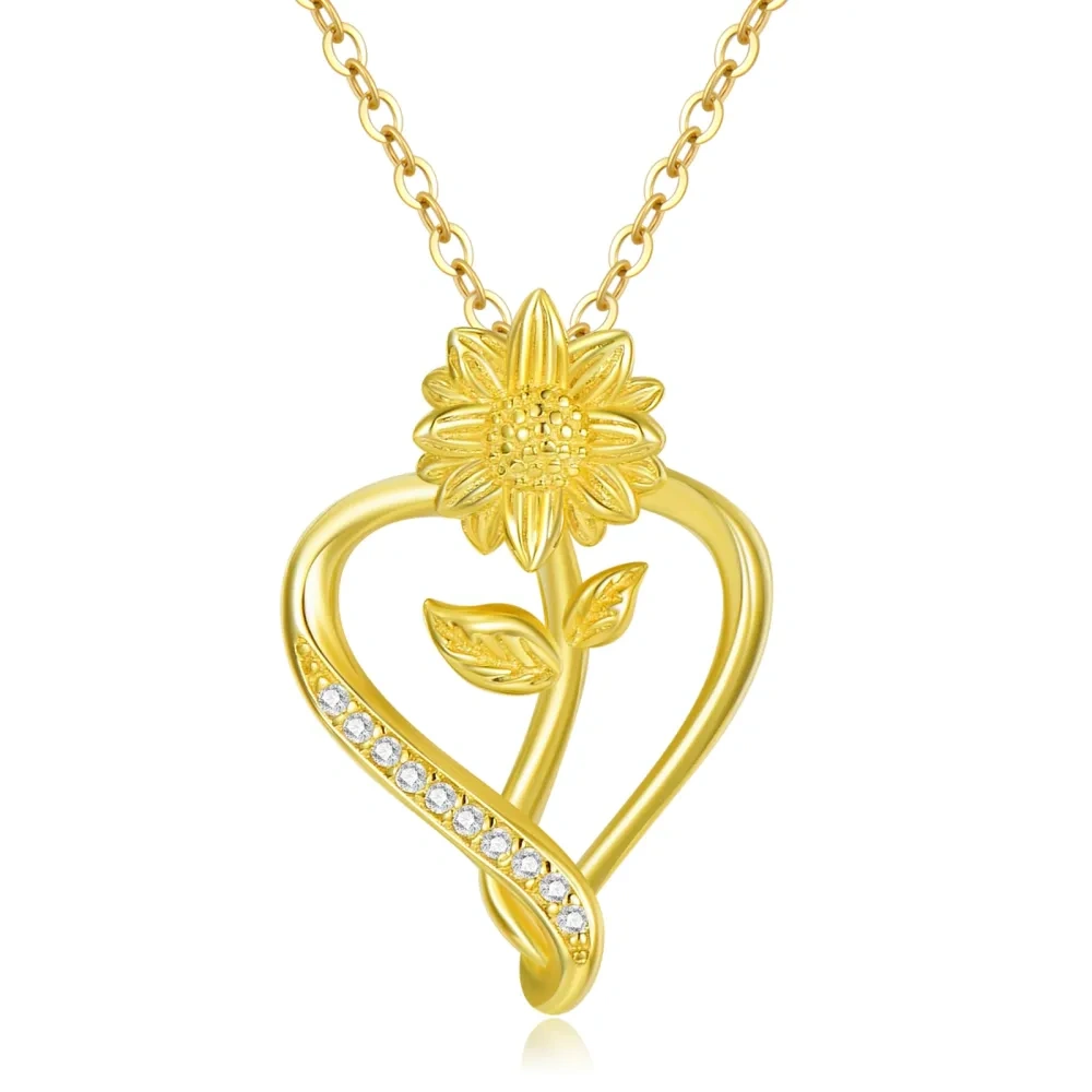 10K Gold Cubic Zirconia Sunflower & Heart Pendant Necklace-1