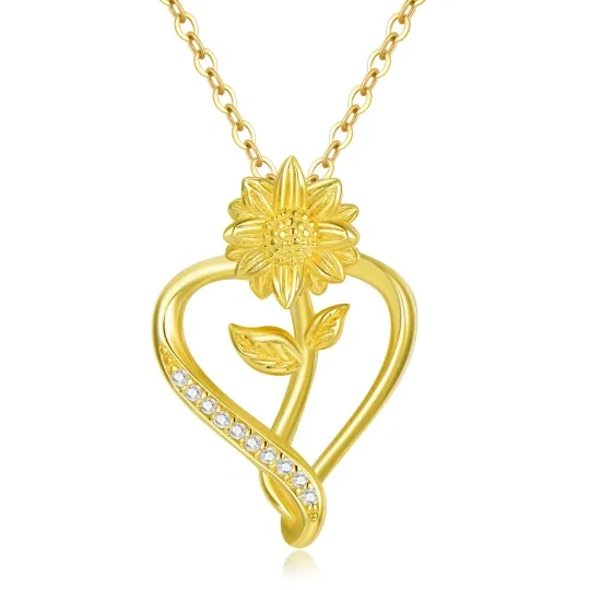 14K Gold Cubic Zirconia Sunflower & Heart Pendant Necklace