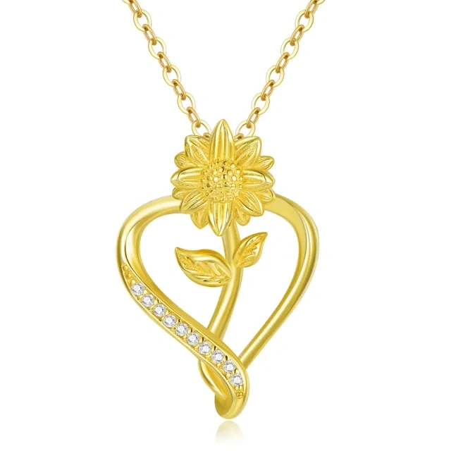 14K Gold Cubic Zirconia Sunflower & Heart Pendant Necklace-1