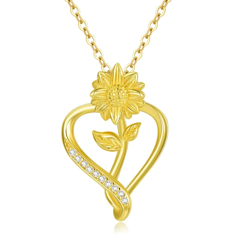 Collar de oro de 14 quilates de circonio cúbico girasol y colgante de corazón-11