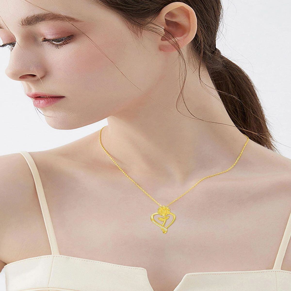 Collier en or 14K avec pendentif fleur de soleil et coeur en zircon cubique-2