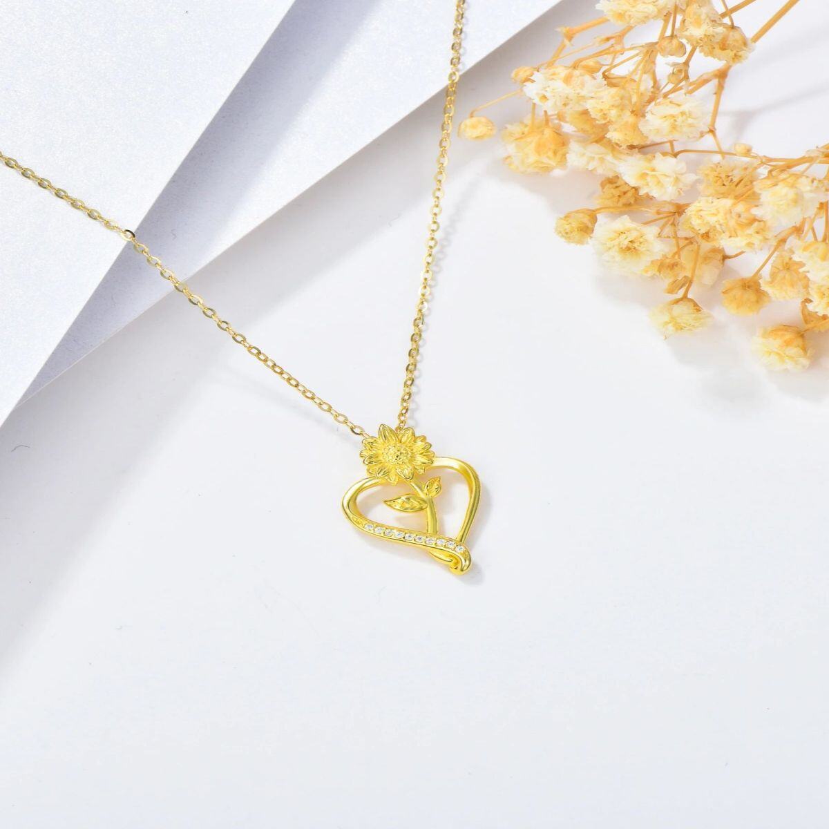 Collier en or 14K avec pendentif fleur de soleil et coeur en zircon cubique-3