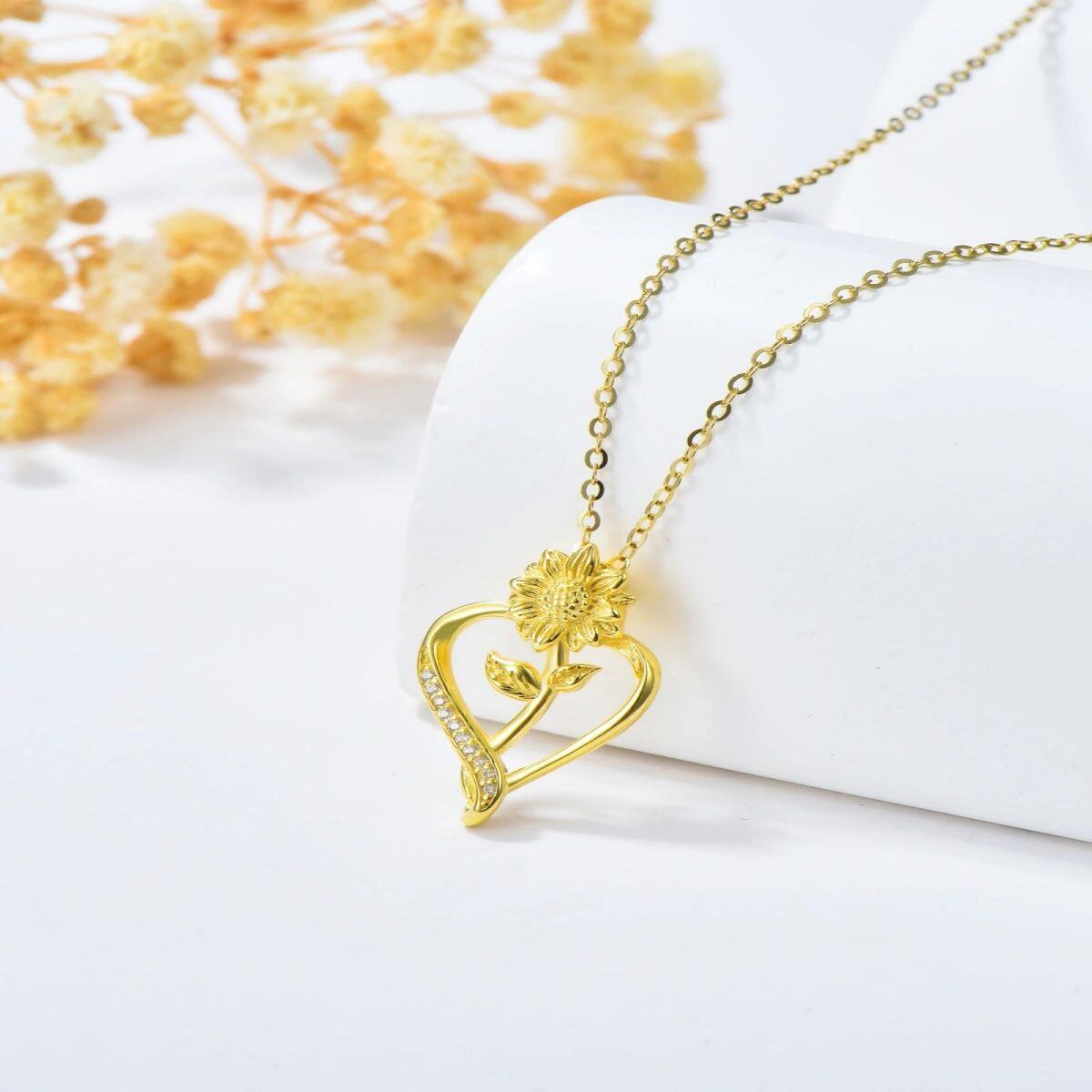 Collier en or 14K avec pendentif fleur de soleil et coeur en zircon cubique-4