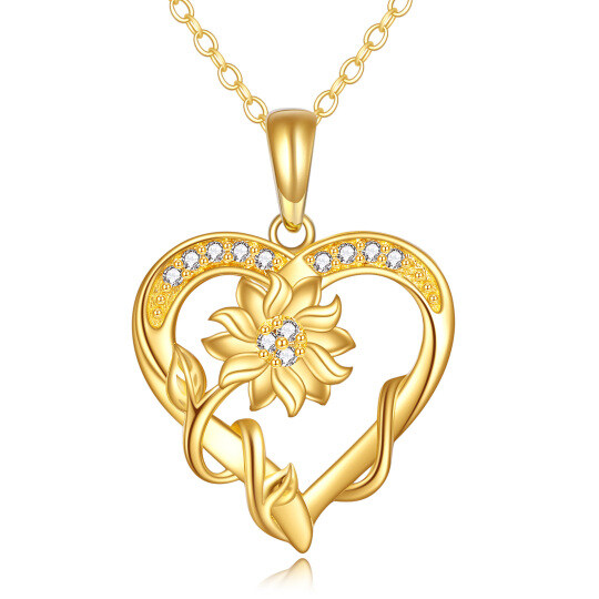 Collana con ciondolo a forma di girasole e cuore in oro 14K con zirconia cubica