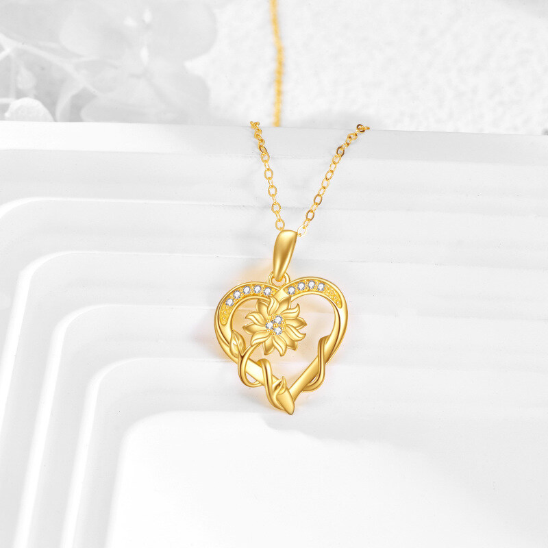 Colar com pendente girassol e coração em ouro branco 10K com zircónias cúbicas-3