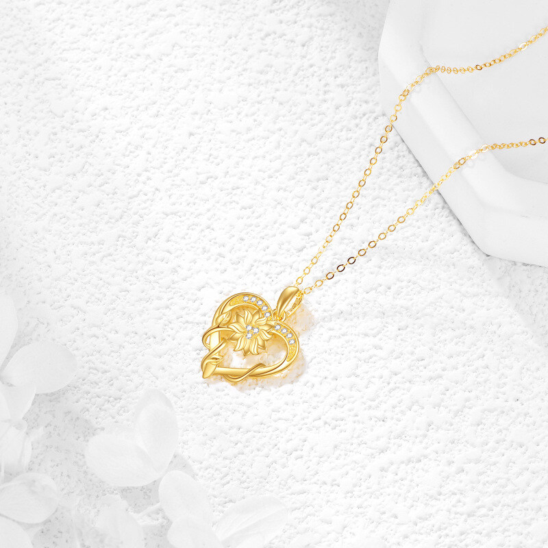 Colar com pendente girassol e coração em ouro branco 10K com zircónias cúbicas-4