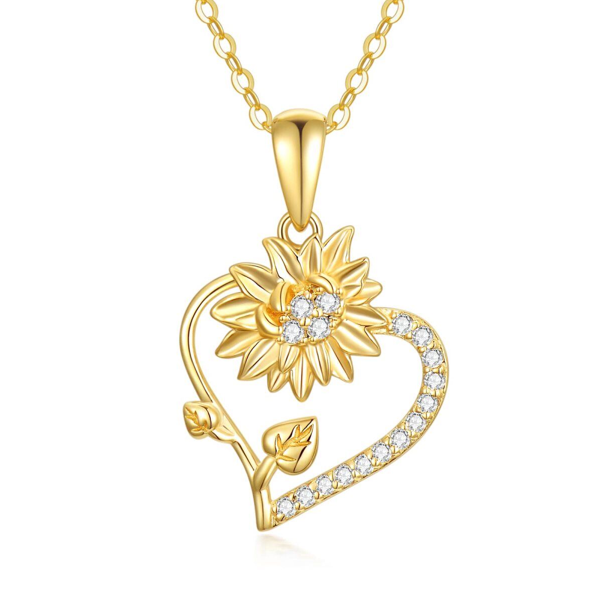 10K Gold Cubic Zirconia Sunflower & Heart Pendant Necklace-1