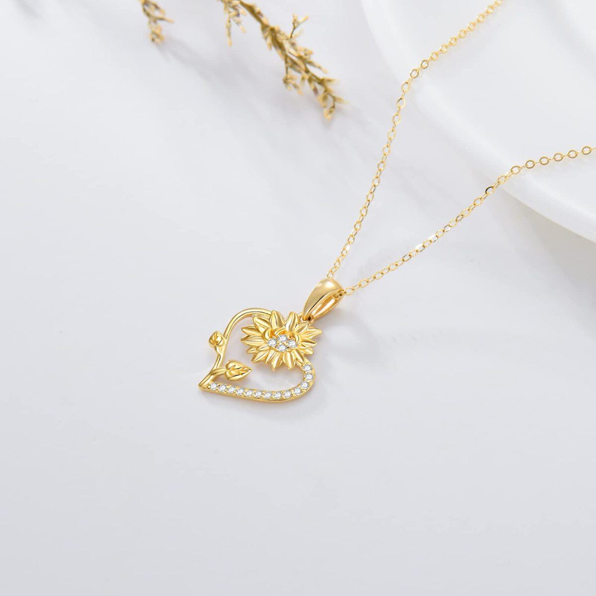 10K Gold Cubic Zirconia Sunflower & Heart Pendant Necklace-3