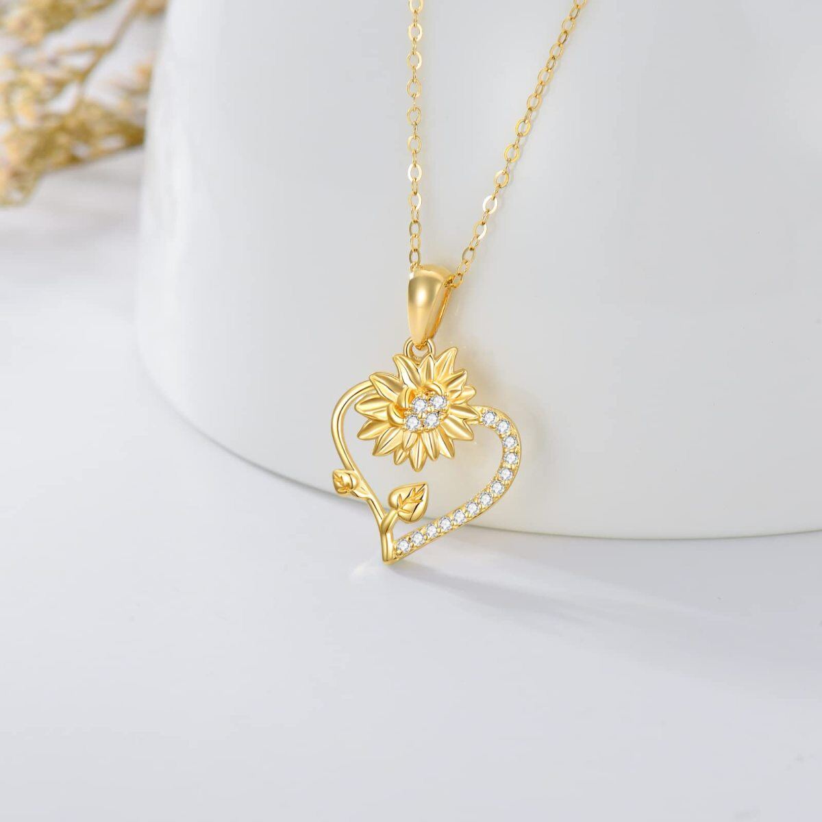 14K Gold Cubic Zirconia Sunflower & Heart Pendant Necklace-4