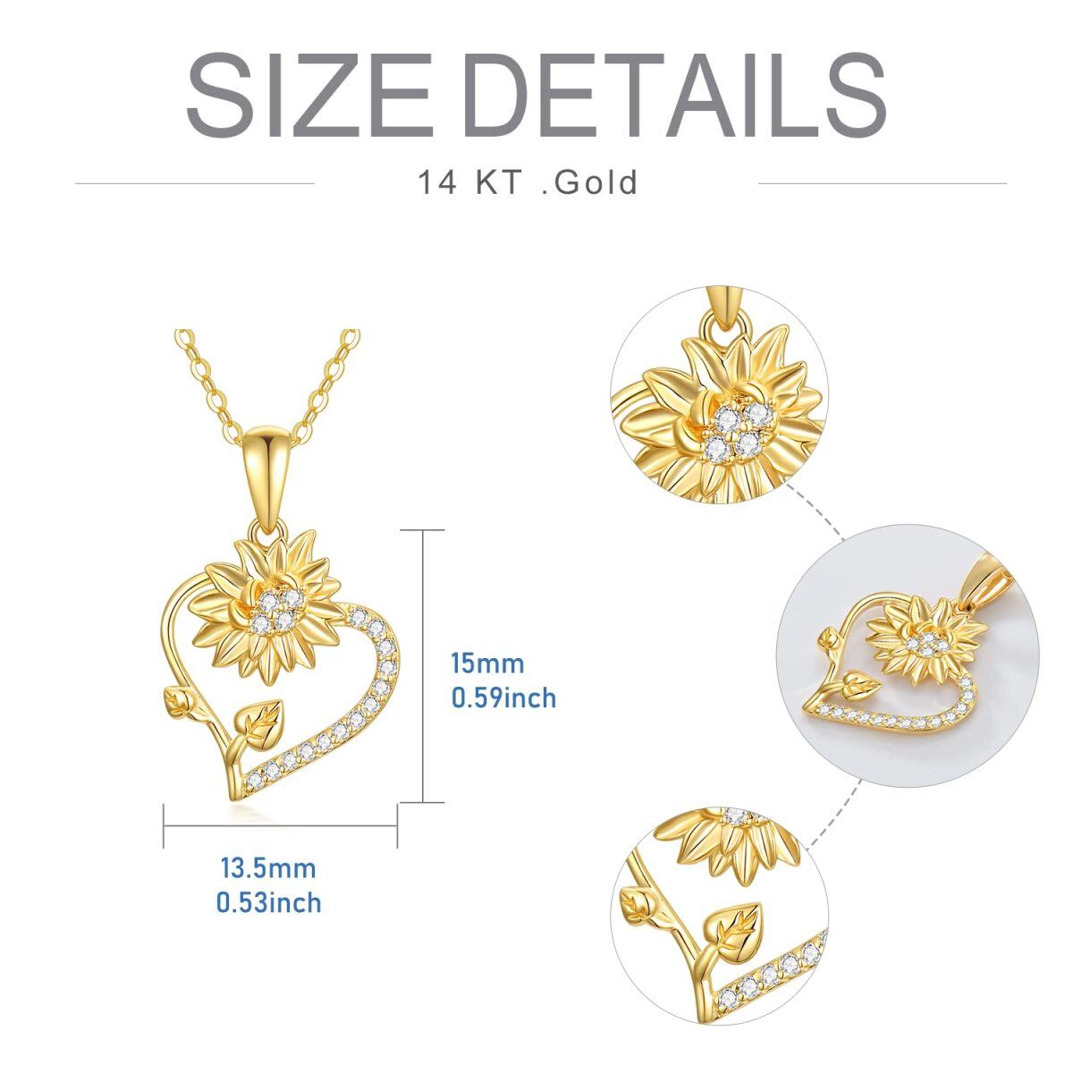 Collier en or 14K avec pendentif fleur de soleil et coeur en zircon cubique-5