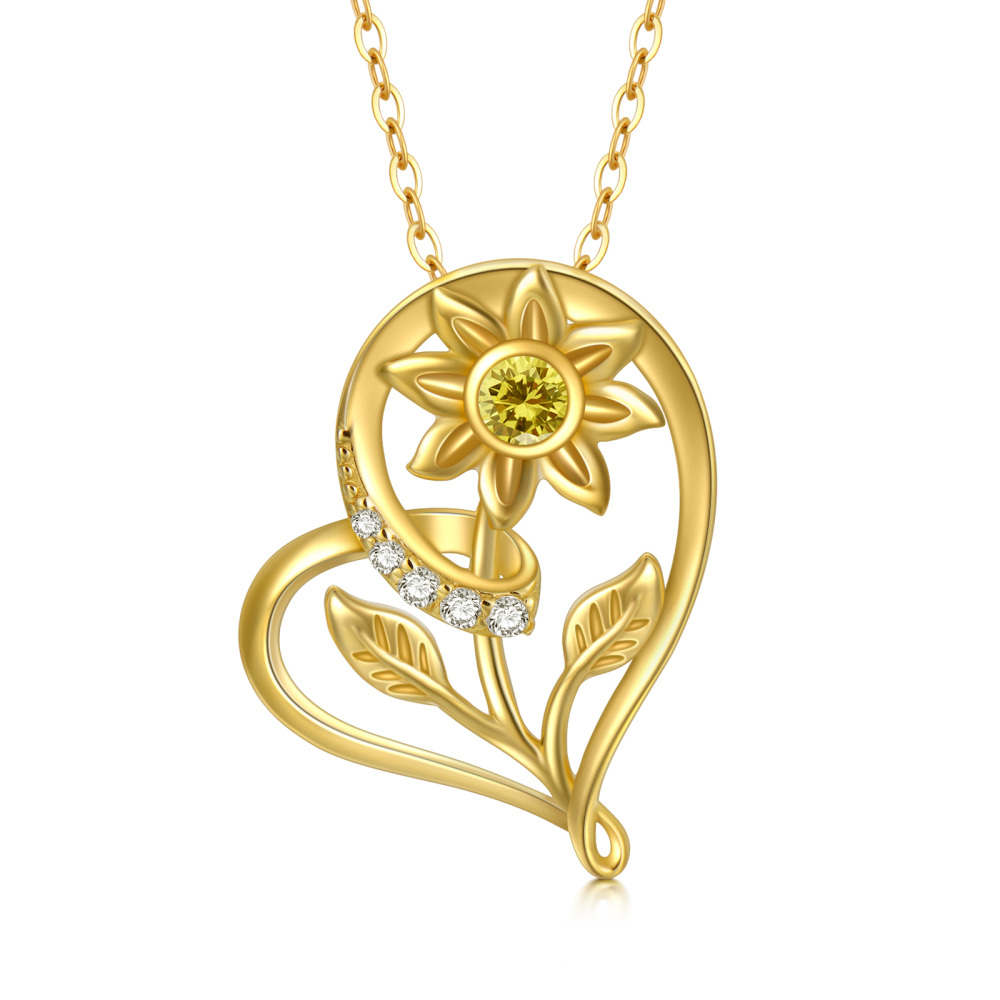 10K Gold Cubic Zirconia Sunflower & Heart Pendant Necklace-1