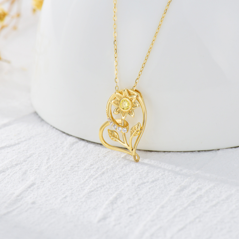 10K Gold Cubic Zirconia Sunflower & Heart Pendant Necklace-3