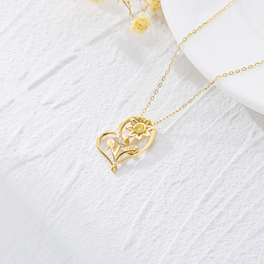 10K Gold Cubic Zirconia Sunflower & Heart Pendant Necklace-4