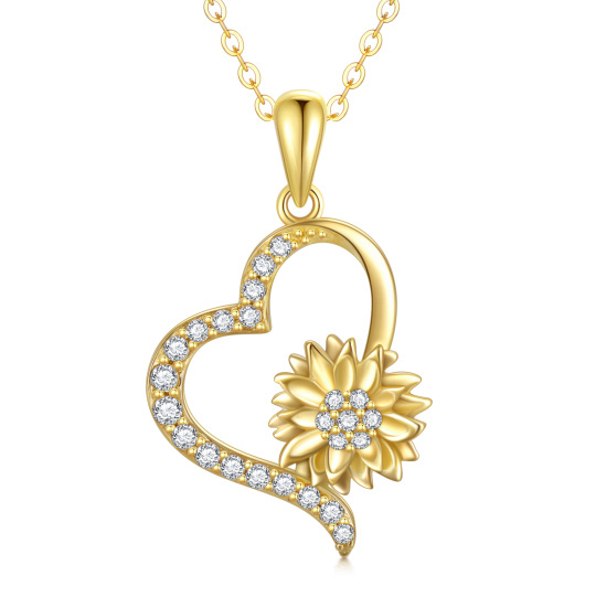14K Gold Cubic Zirconia Sunflower & Heart Pendant Necklace