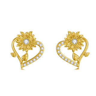 14K Gold Cubic Zirconia Sunflower & Heart Stud Earrings-3