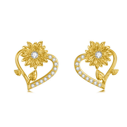 Brincos de pino em forma de coração de girassol com zircônia cúbica de ouro 14K