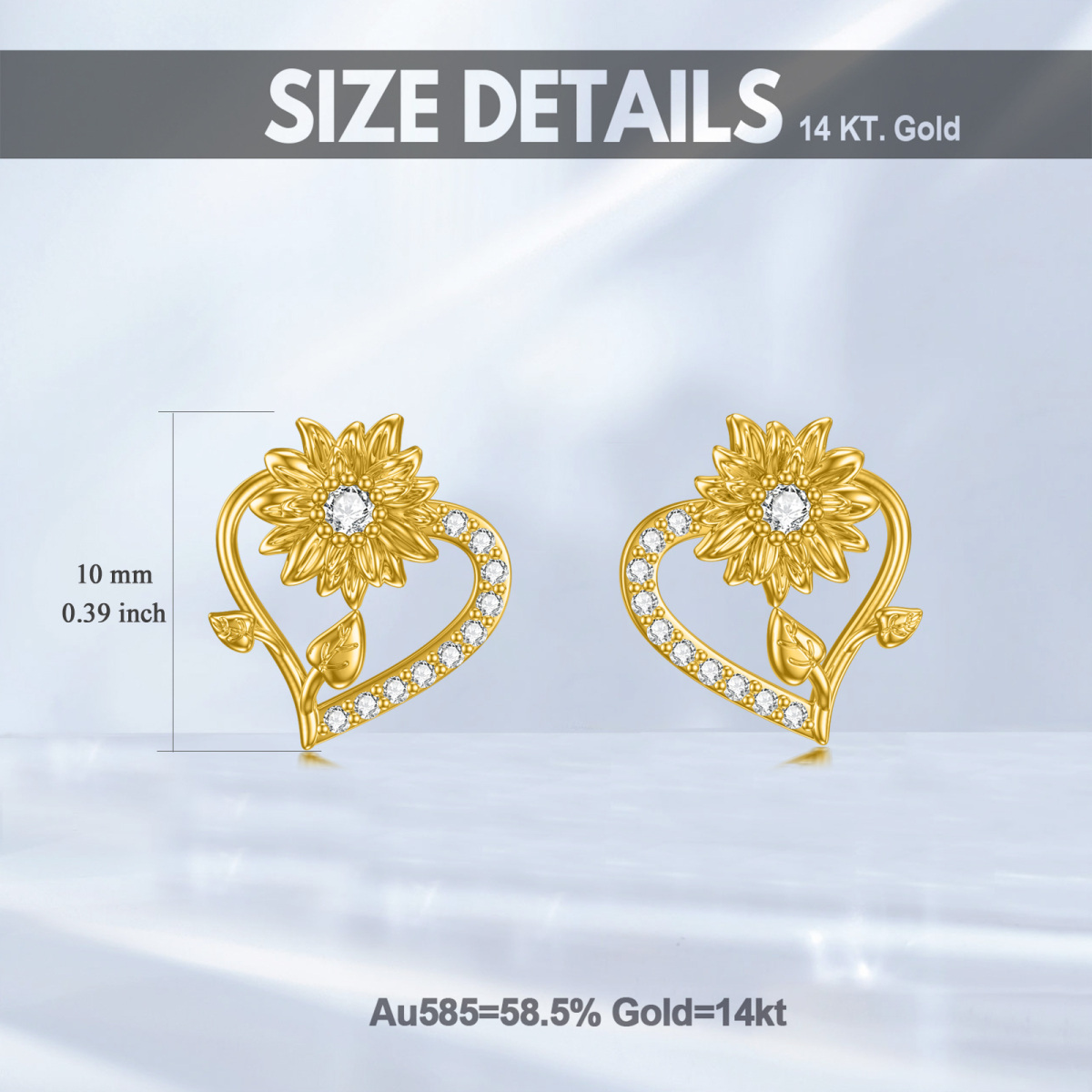 Pendientes de oro de 14 quilates con forma de corazón de girasol y circonita cúbica-5