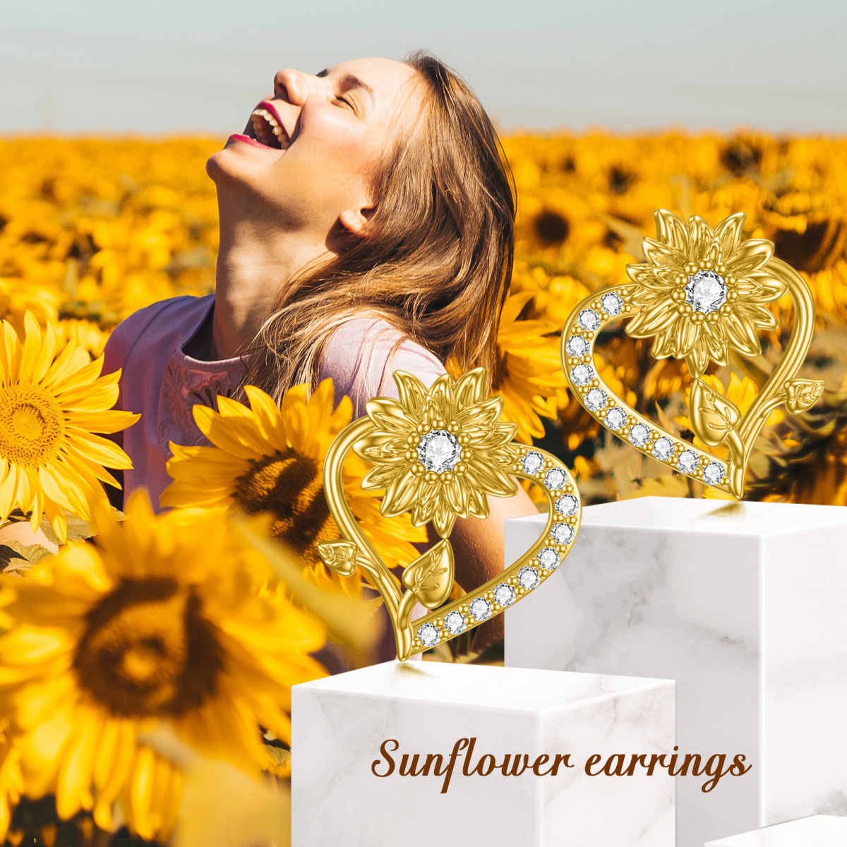 Pendientes de oro de 14 quilates con forma de corazón de girasol y circonita cúbica-6