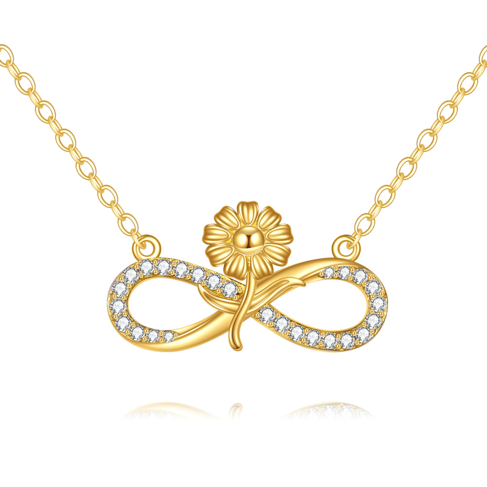 10K Gold Cubic Zirconia Sunflower & Infinity Symbol Pendant Necklace-1