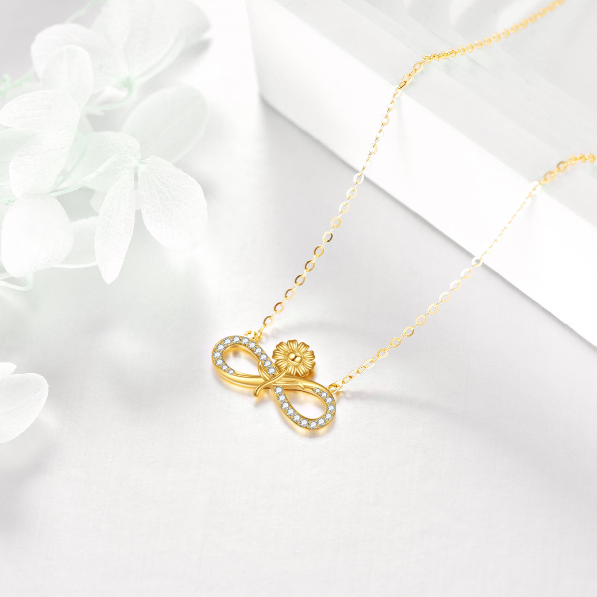 14K Gold Cubic Zirconia Sunflower & Infinity Symbol Pendant Necklace-4