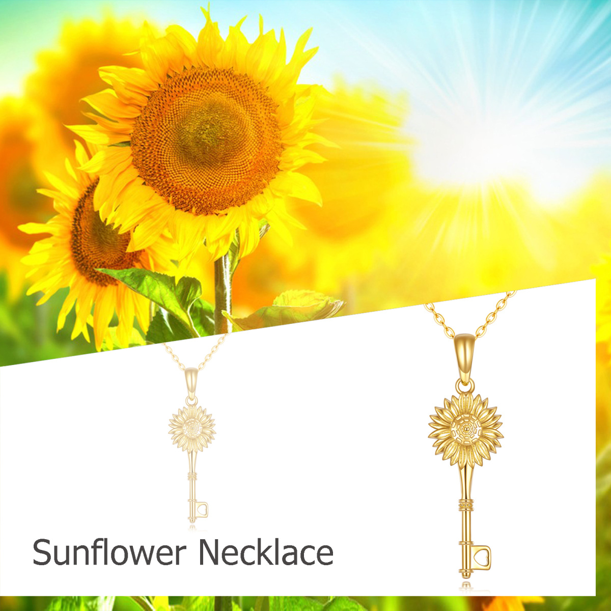 Collar Colgante Girasol y Llave Oro 14K -6