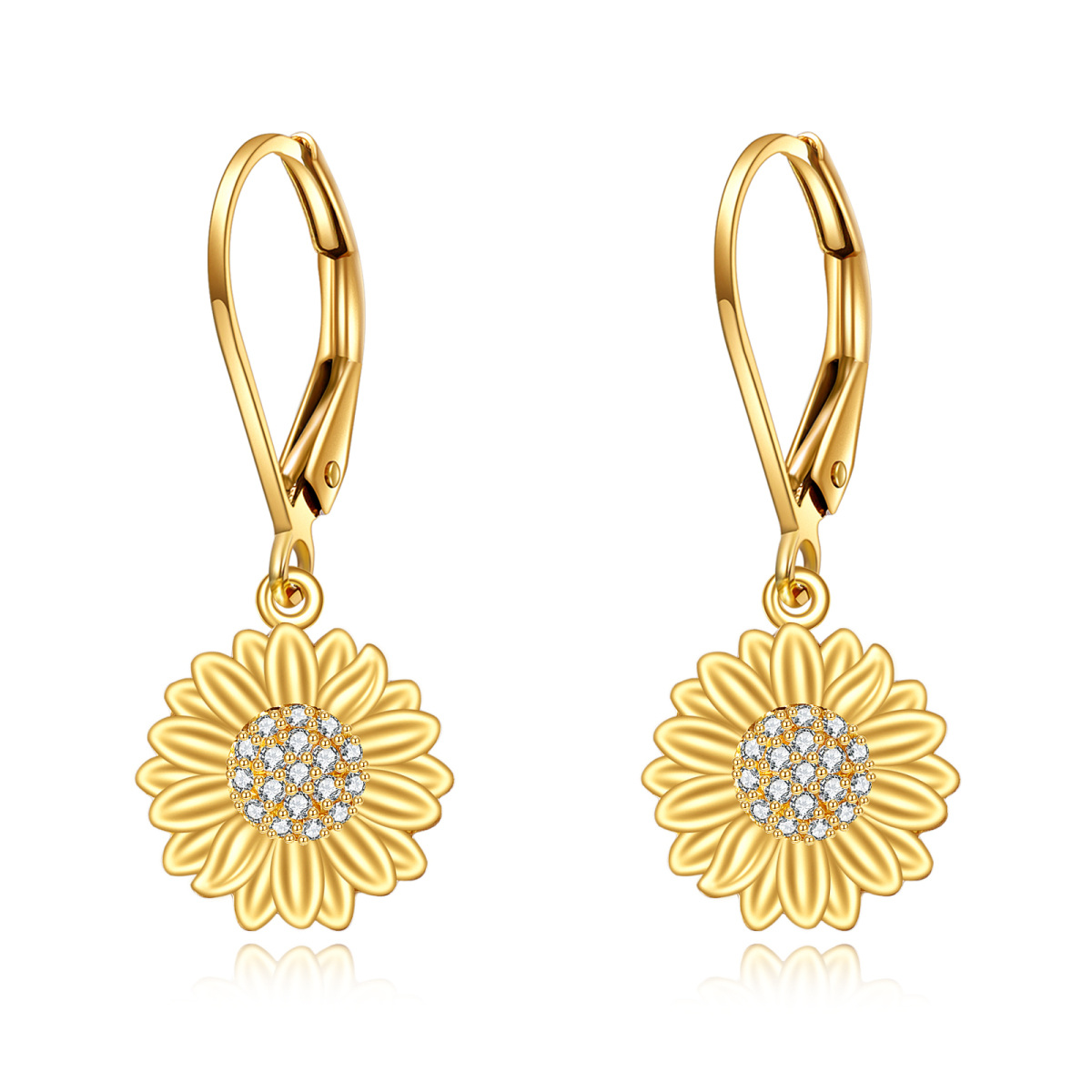 Pendientes de oro de 14 quilates con cierre de palanca y diseño de girasol y circonita cúbica-1