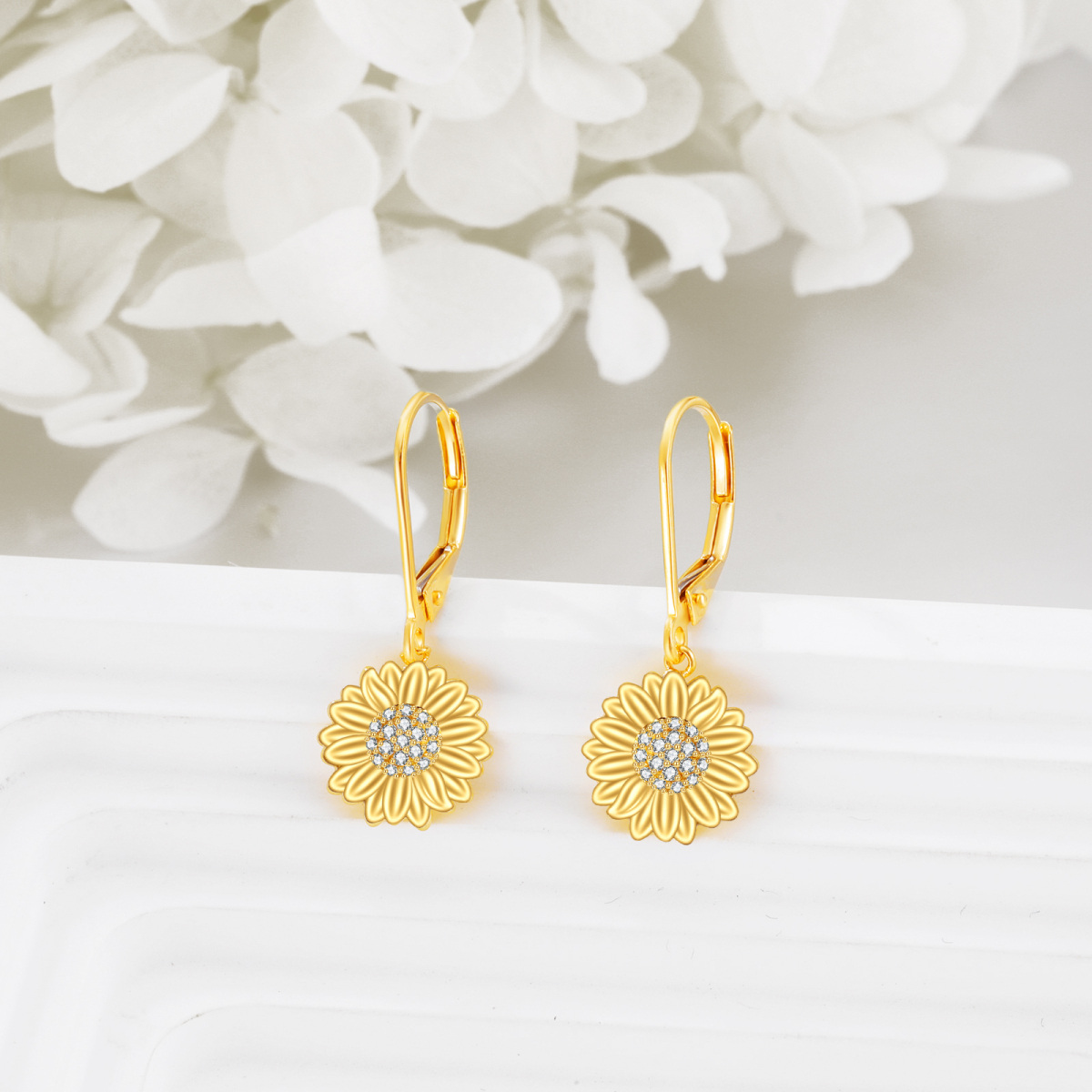 Pendientes de oro de 14 quilates con cierre de palanca y diseño de girasol y circonita cúbica-4