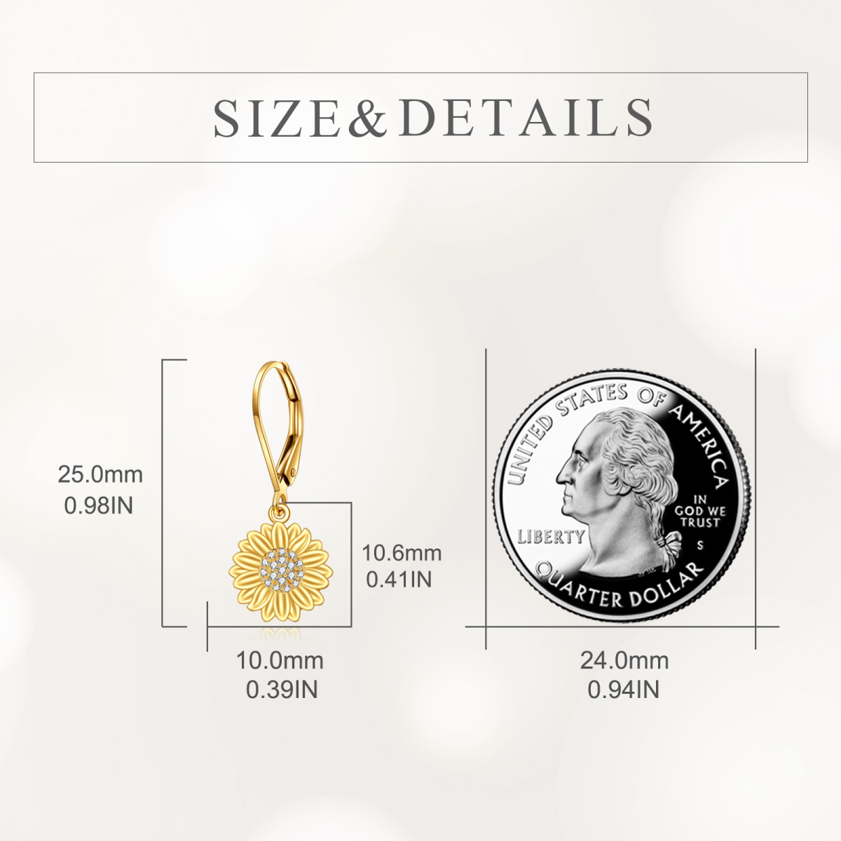 Pendientes de oro de 14 quilates con cierre de palanca y diseño de girasol y circonita cúbica-5