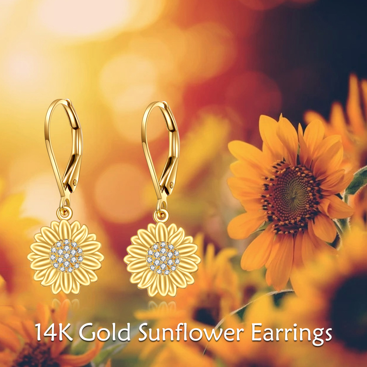 Pendientes de oro de 14 quilates con cierre de palanca y diseño de girasol y circonita cúbica-6