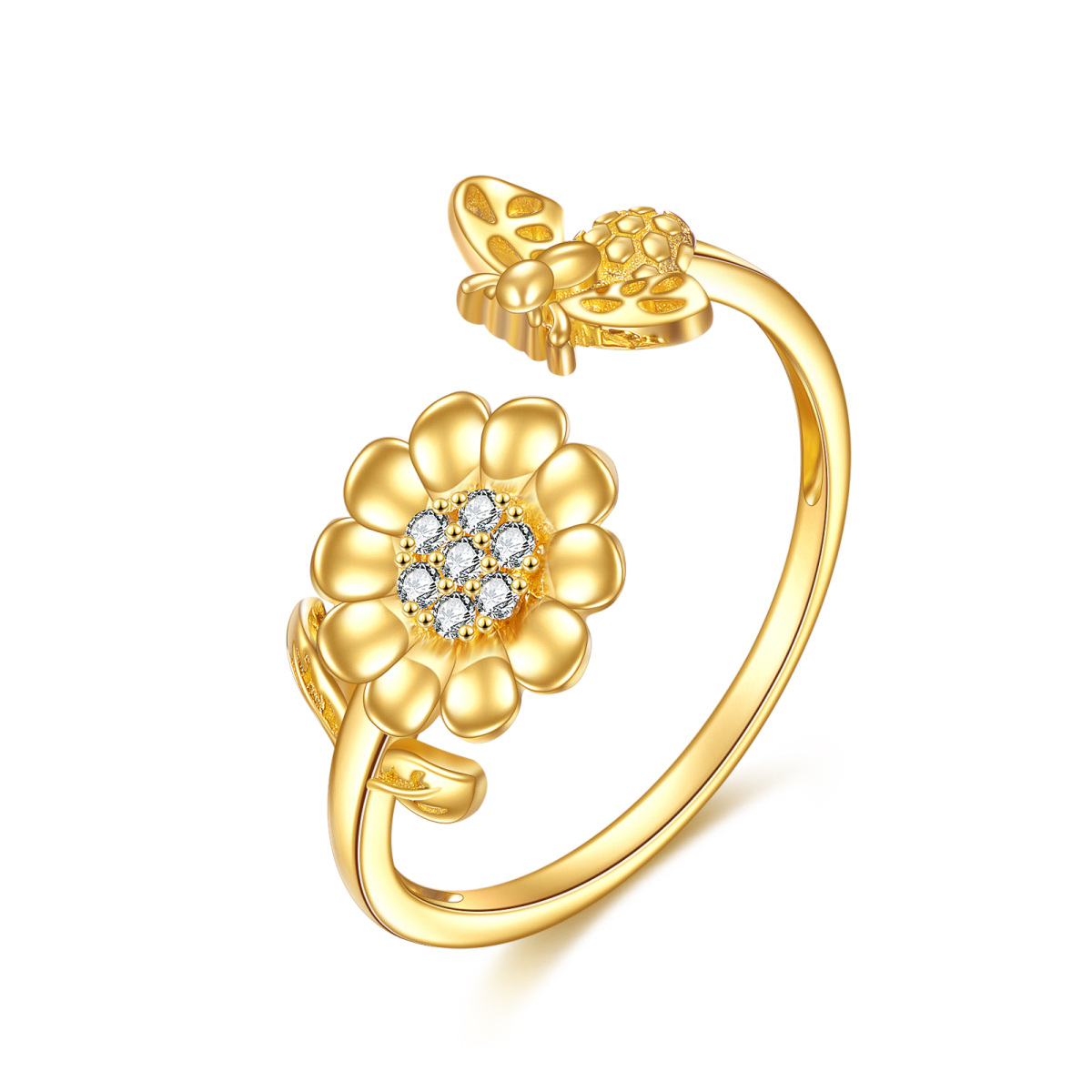 10K Gold Cubic Zirconia Sunflower Open Ring-1