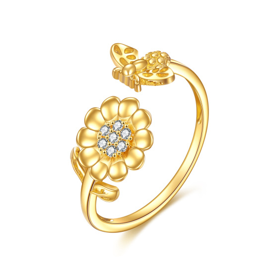 Anello aperto con girasole di zirconia cubica in oro 14K