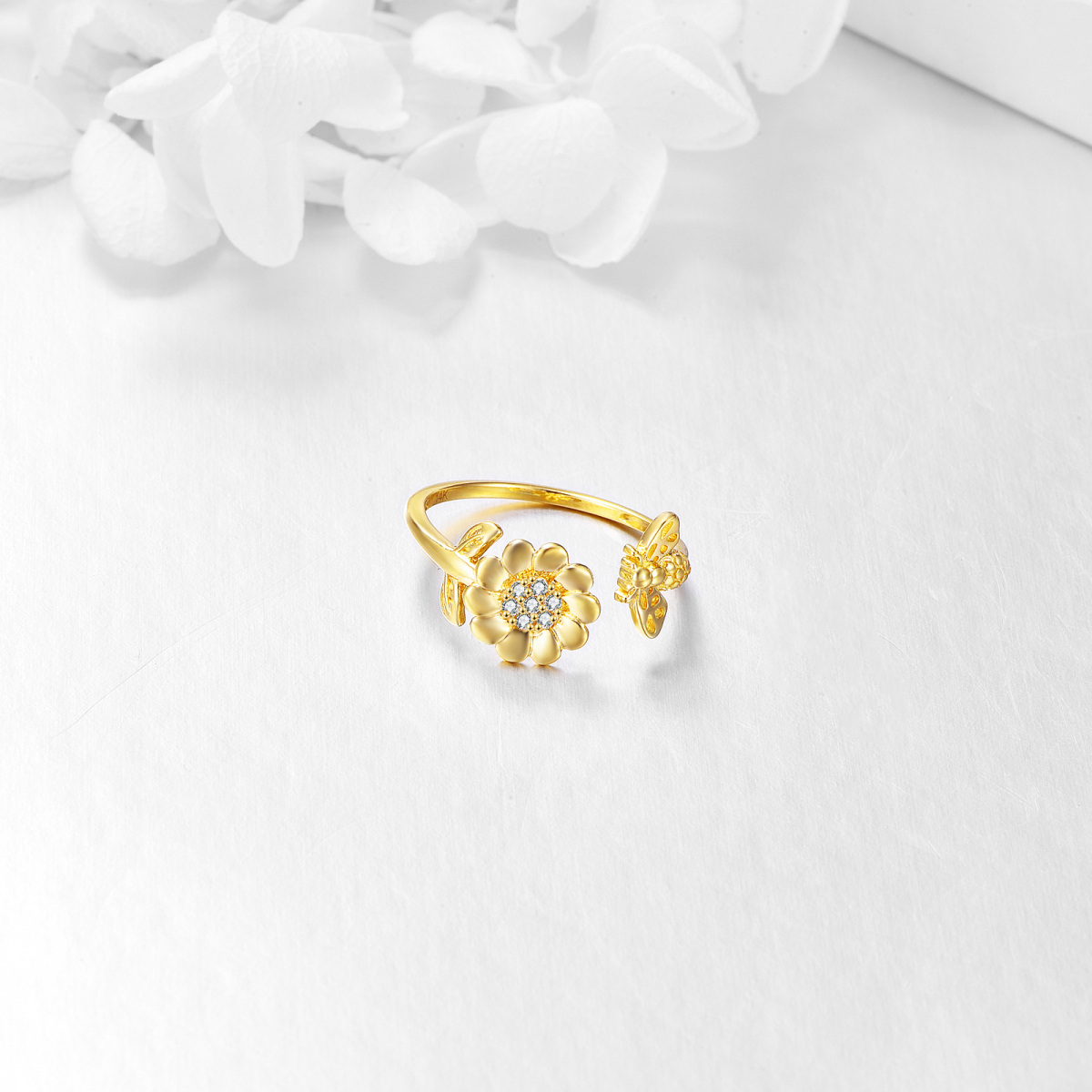 10K Gold Cubic Zirconia Sunflower Open Ring-4