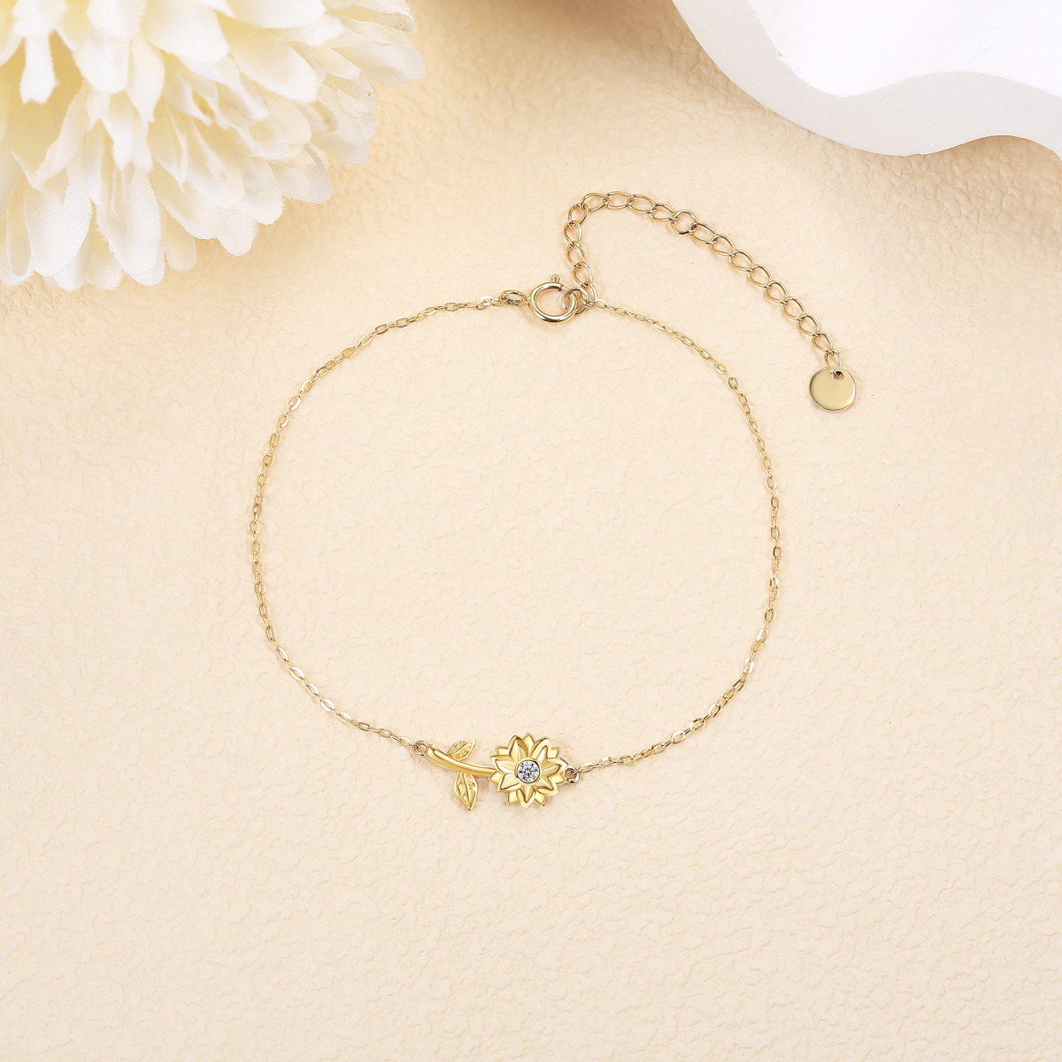 14K Gold Cubic Zirconia Sunflower Pendant Bracelet-3